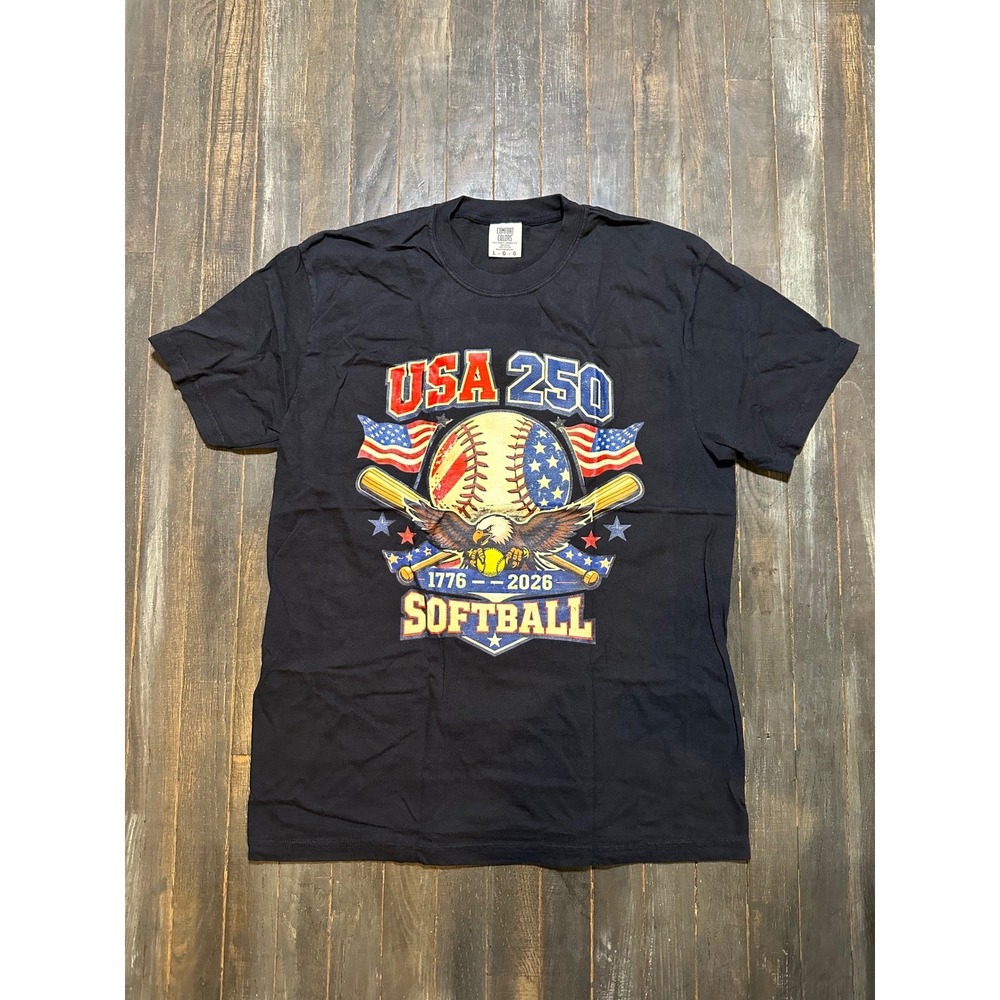 Comfort Colors‎ USA 250 Softball T-Shirt Black Patriotic Eagle Graphic Tee